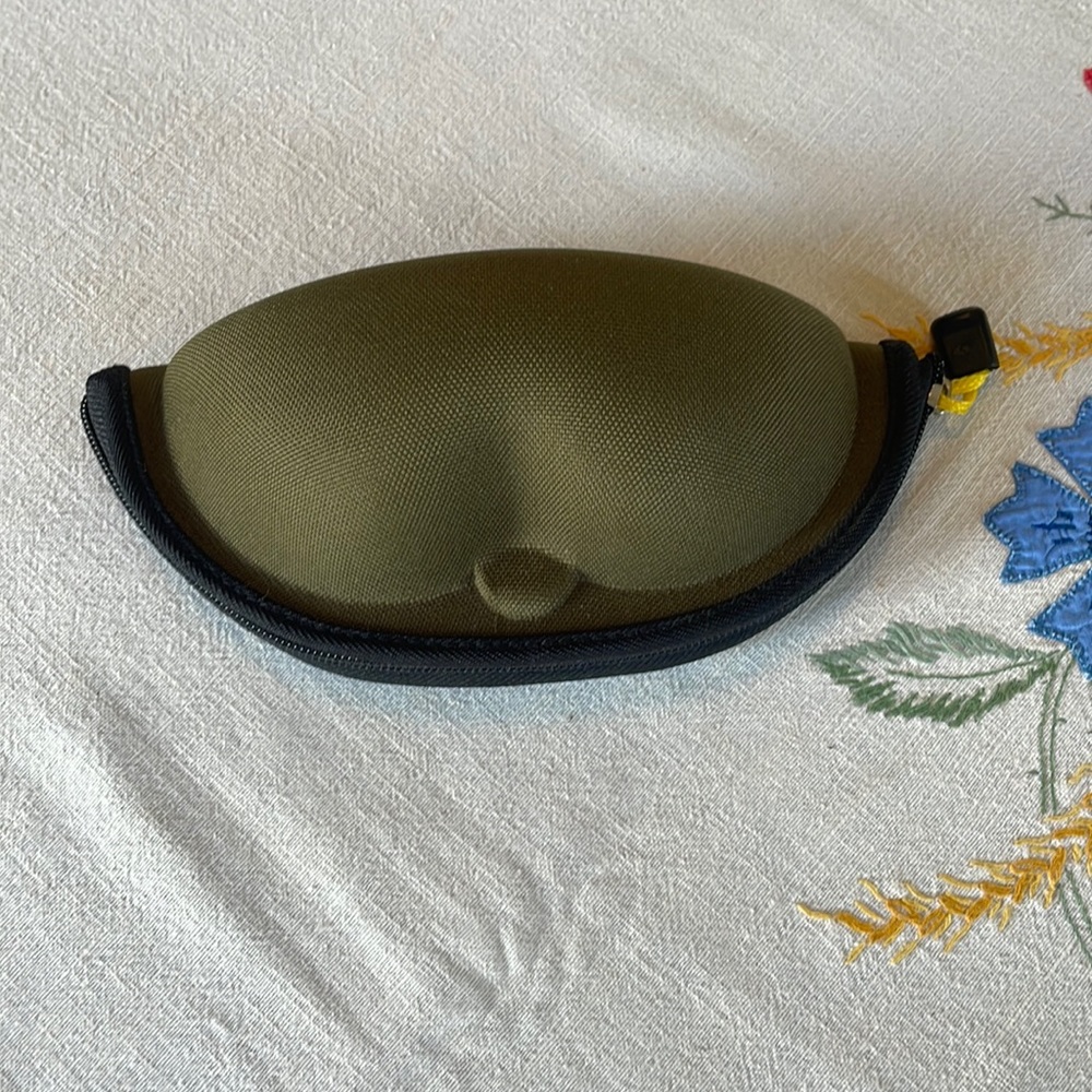 Dark green, wearable/attachable hard eyeglass case, velcro adjustable belt strap